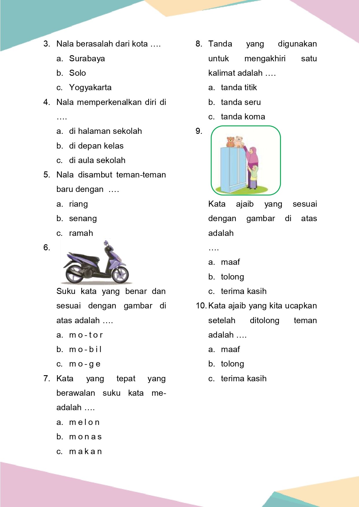 Latihan Soal Bahasa Indonesia Kelas 1 Bab 5 - Daring Nur Hidayah Press