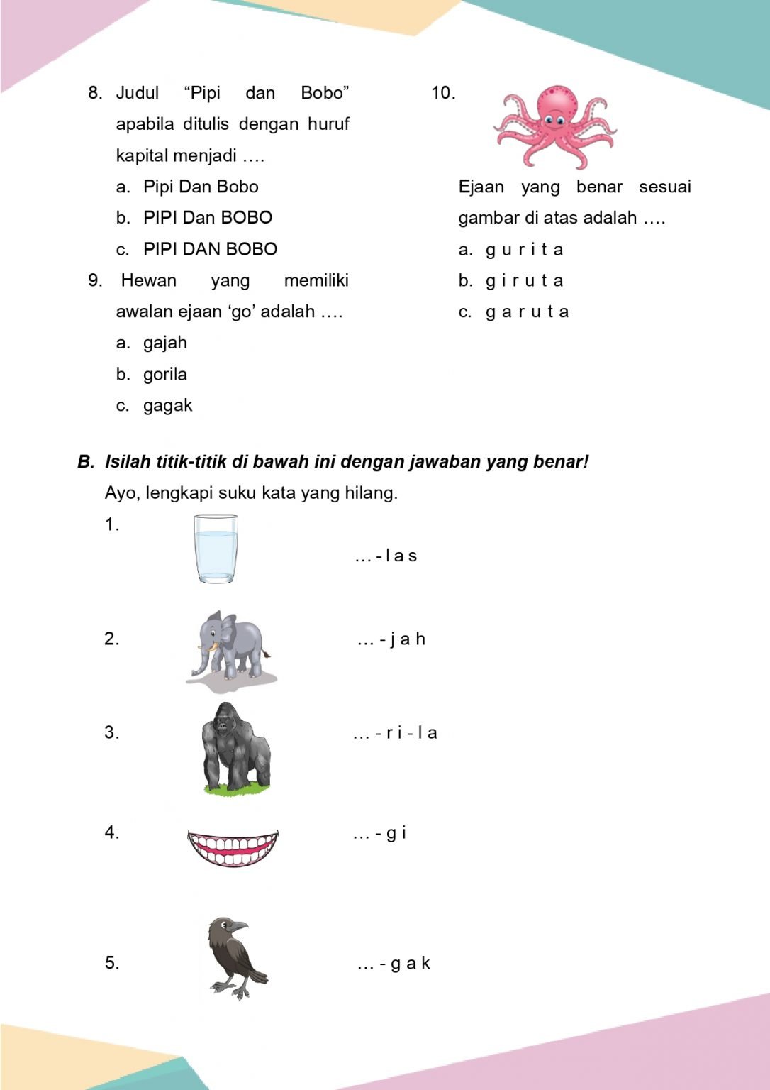 Latihan Soal Bahasa Indonesia Kelas 1 Bab 6 - Daring Nur Hidayah Press