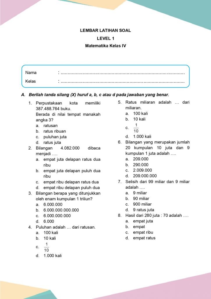 Latihan Soal Matematika Kelas 4 vol. 1 Bab 1 - Daring Nur Hidayah Press