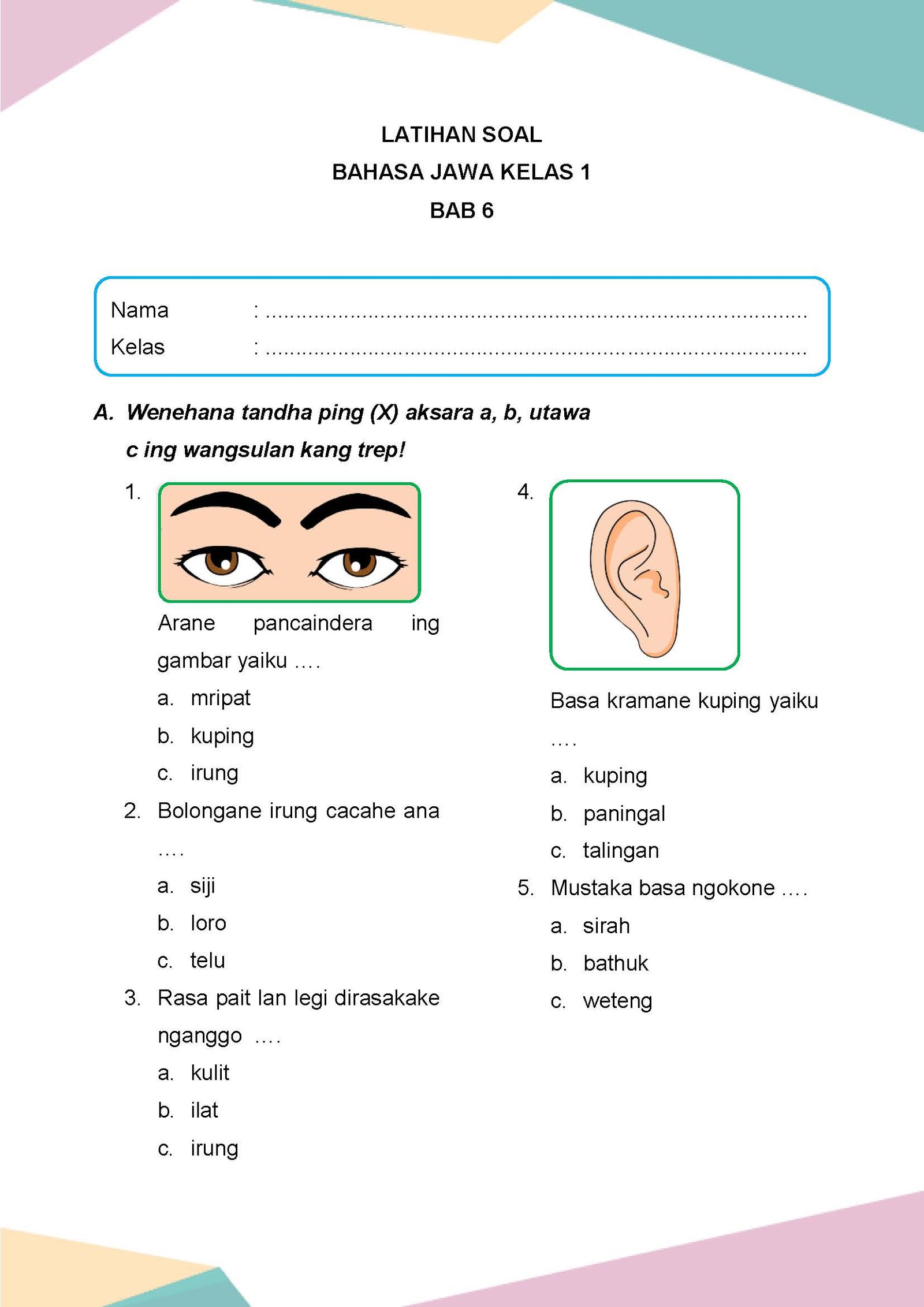 Latihan Soal Basa Jawa Kelas 1 Bab 6 - Daring Nur Hidayah Press
