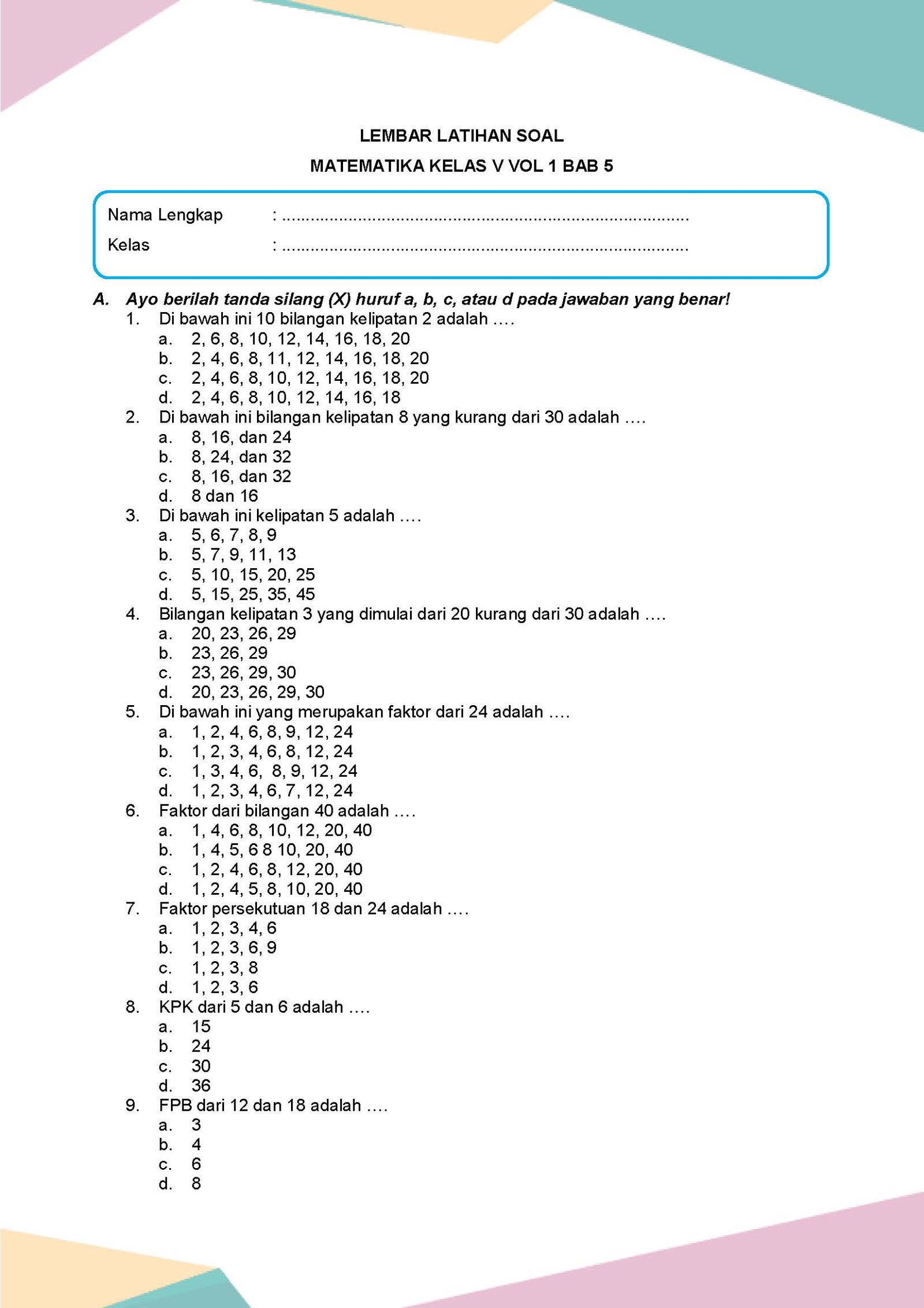 Latihan Soal Matematika Vol. 1 Kelas 5 Bab 5 - Daring Nur Hidayah Press