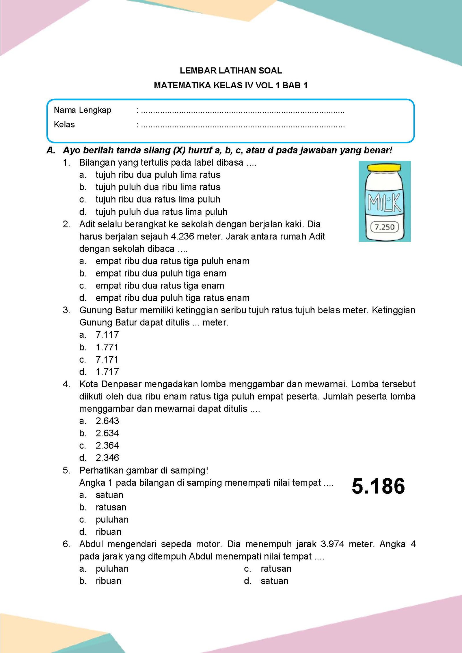 Latihan Soal Matematika Kelas 4 Vol 1 Bab 1 - Daring Nur Hidayah Press