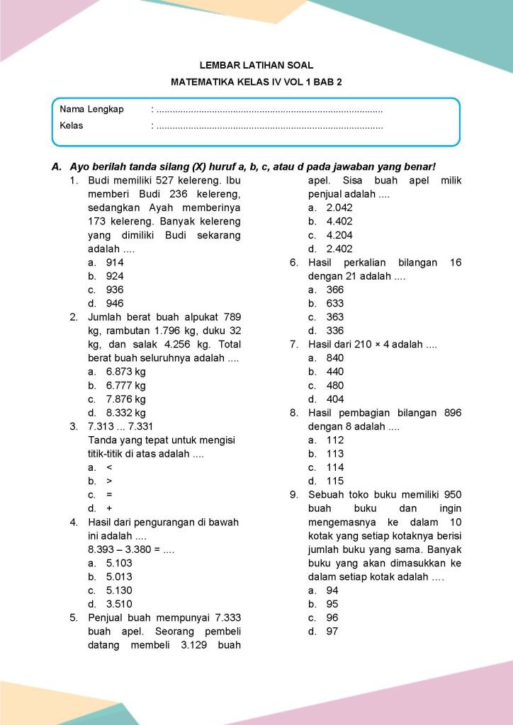 Latihan Soal Matematika Kelas 4 Vol 1 Bab 2 - Daring Nur Hidayah Press