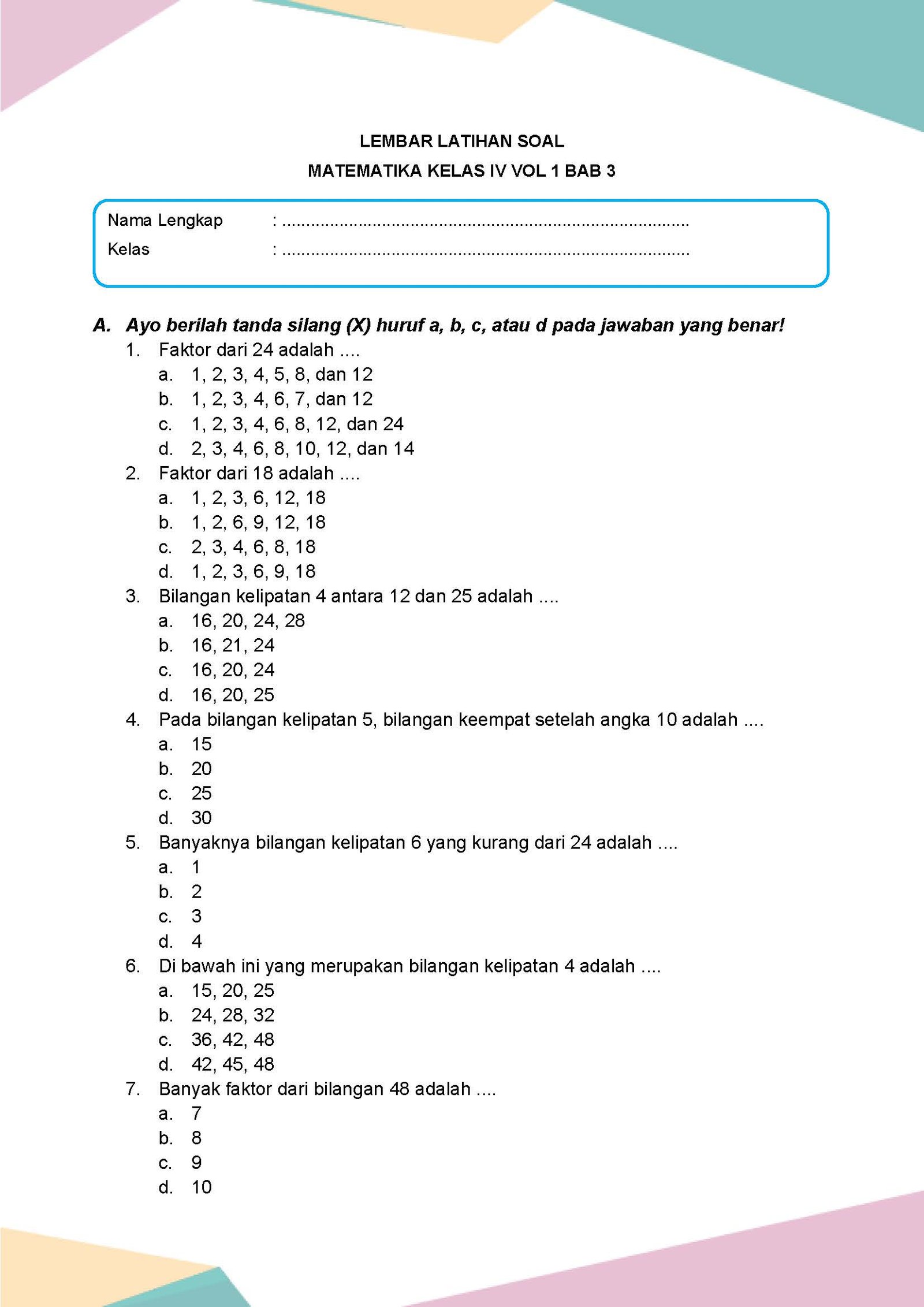Latihan Soal Matematika Kelas 4 Vol 1 Bab 3 - Daring Nur Hidayah Press