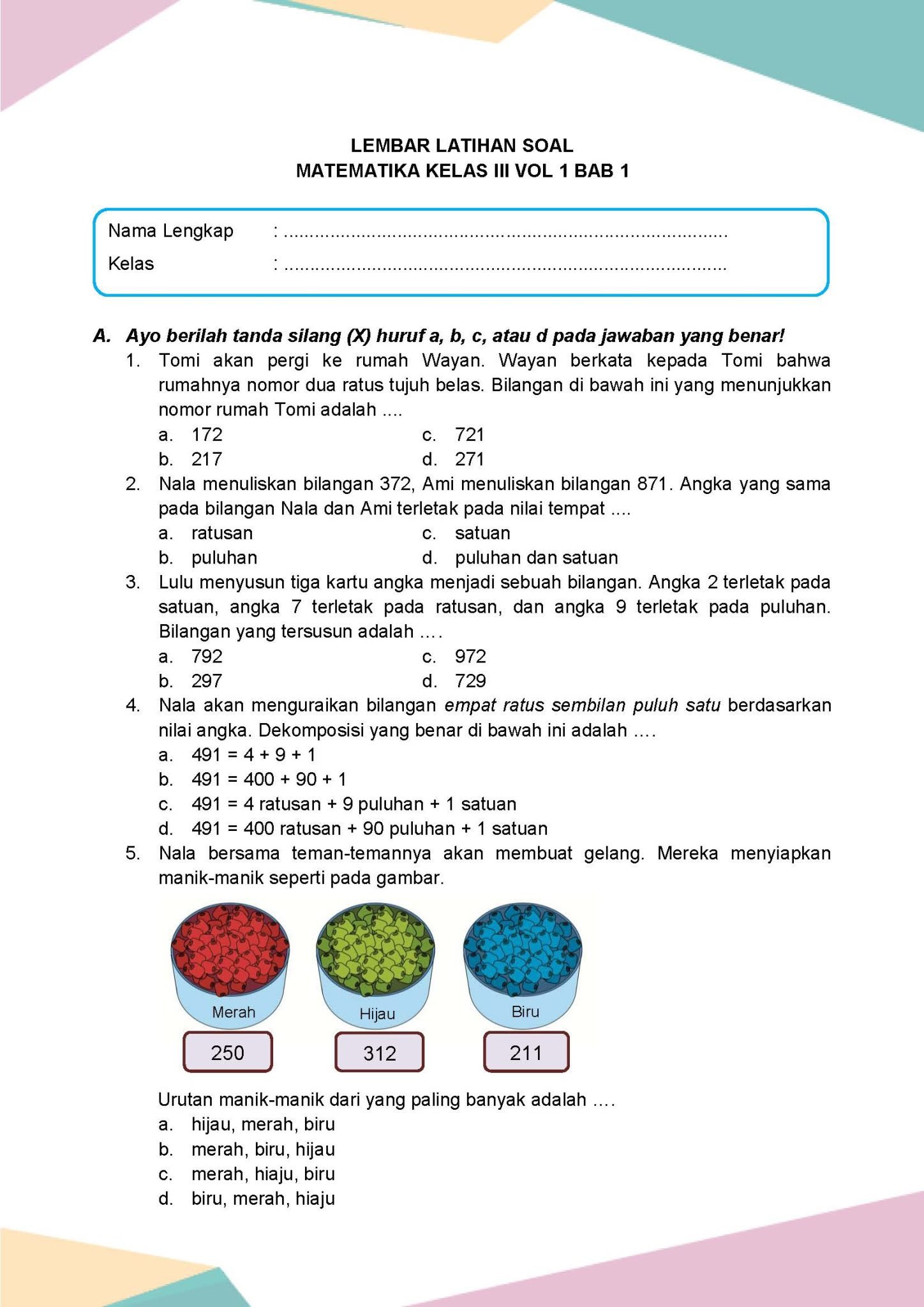 Latihan Soal Matematika Volume 1 Kelas 3 Bab 1 - Daring Nur Hidayah Press