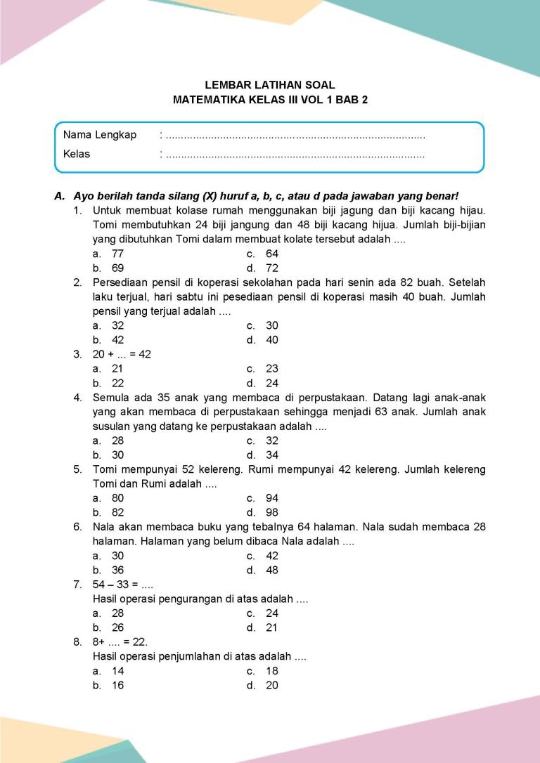 Latihan Soal Matematika Volume 1 Kelas 3 Bab 2 - Daring Nur Hidayah Press