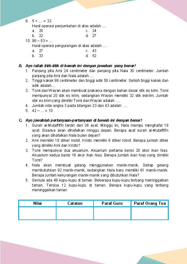Latihan Soal Matematika Volume 1 Kelas 3 Bab 2 - Daring Nur Hidayah Press