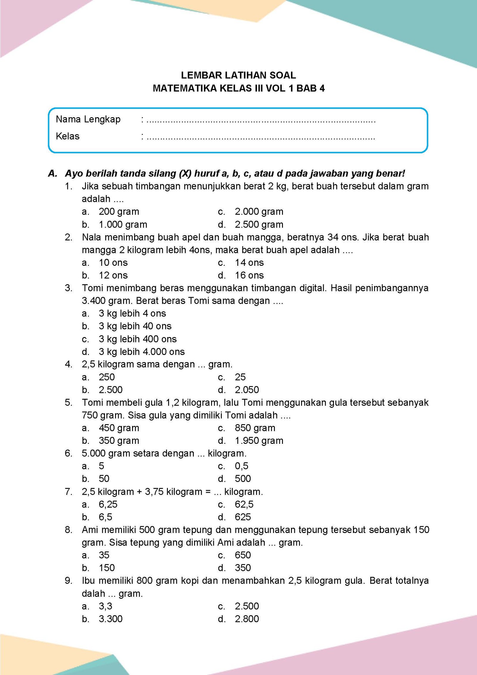 Latihan Soal Matematika Volume 1 Kelas 3 Bab 4 - Daring Nur Hidayah Press