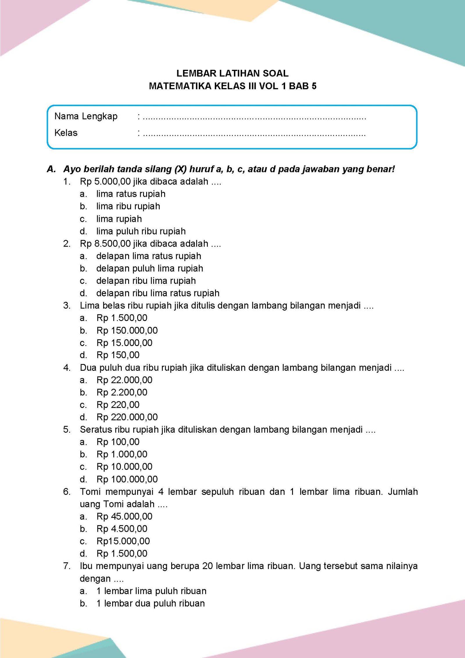 Latihan Soal Matematika Volume 1 Kelas 3 Bab 5 - Daring Nur Hidayah Press